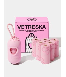 VETRESKA Cherry Blossom Pet Poop Bags & Dispenser Set (1 Dispenser + 7 Rolls)
