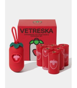 VETRESKA Strawberry Pet Poop Bags & Dispenser Set (1 Dispenser + 7 Rolls)