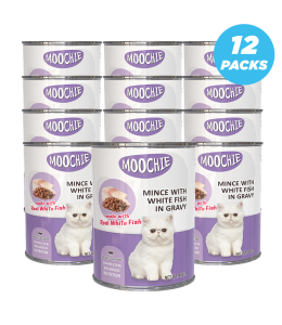 Moochie Mince With White Fish In Gravy Cat Wet Food Can 400g Pack of 12
