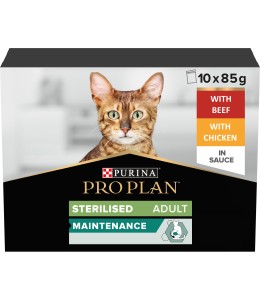 Purina Pro Plan Sterlised Maintenance Wet Cat Food, Chicken and Beef, mix-flavor pack, 10 x 85g