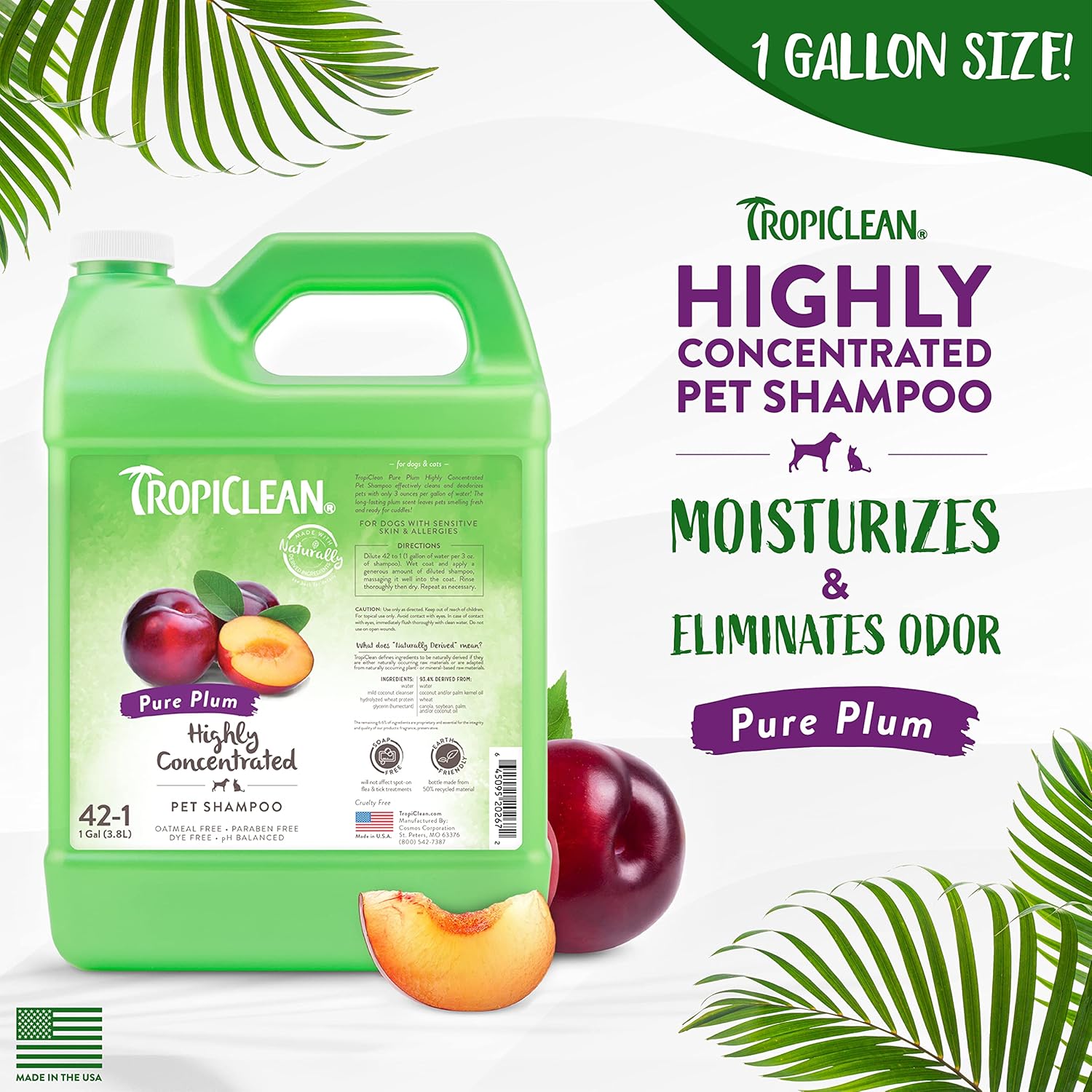 TropiClean Pure Plum High Concentrate Shampoo for Pets, 1 gallon