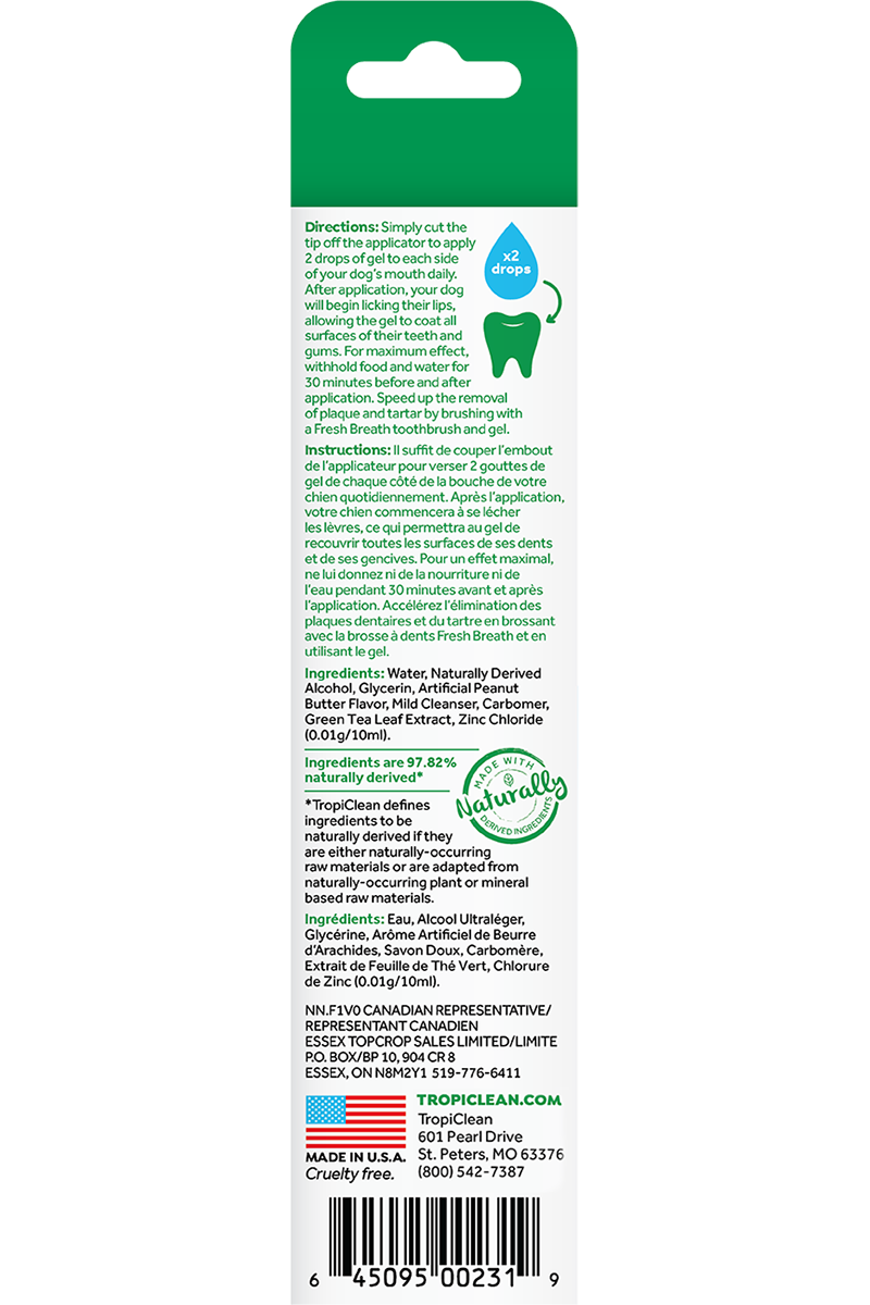 TropiClean Fresh Breath No Brushing Peanut Butter Flavor Clean Teeth Dental & Oral Care Gel for Dogs, 2oz
