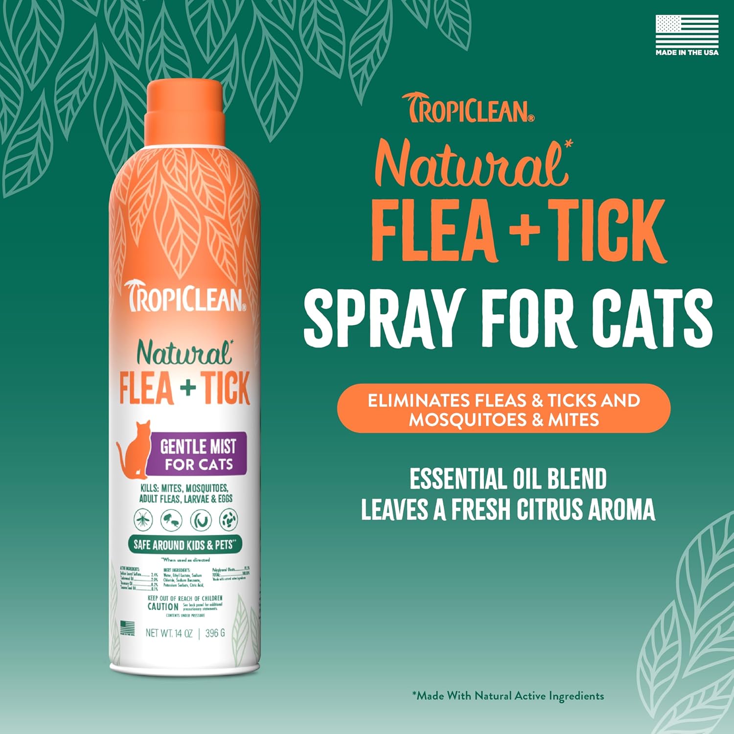 TropiClean Flea + Tick Cat + Home Easy Mist Spray for Cats- 14oz