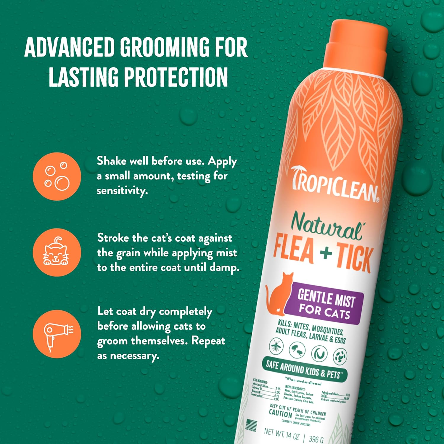 TropiClean Flea + Tick Cat + Home Easy Mist Spray for Cats- 14oz