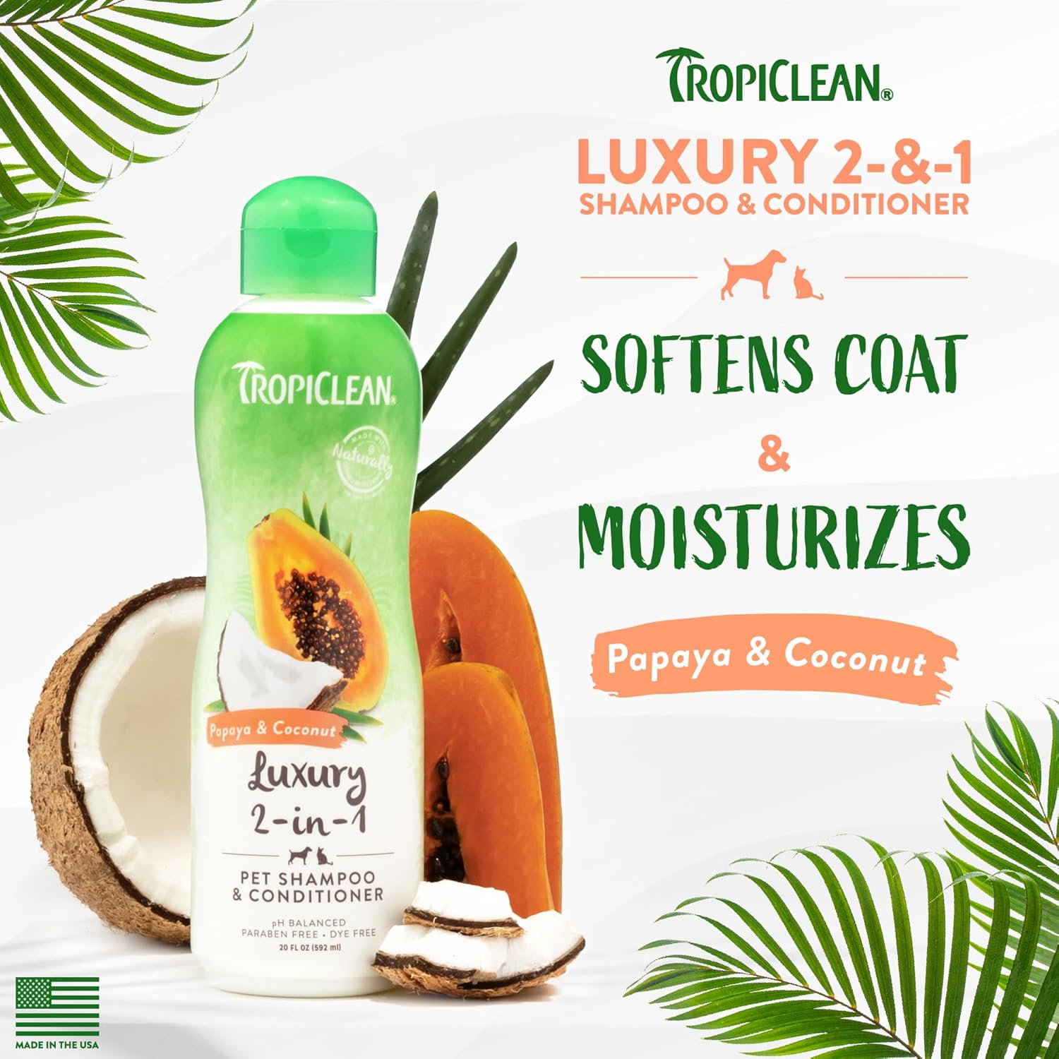 TropiClean Papaya & Coconut Luxury 2-in-1 Shampoo and Conditioner for Pets, 20oz
