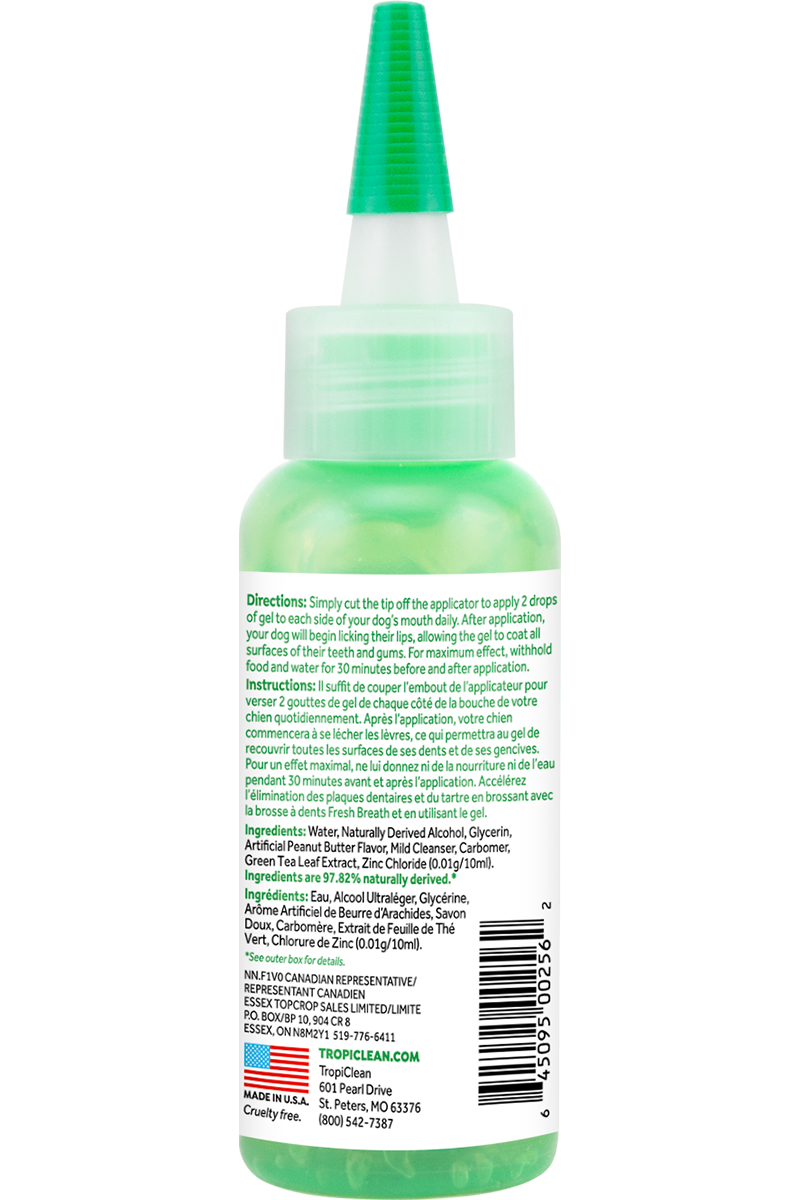 TropiClean Fresh Breath No Brushing Peanut Butter Flavor Clean Teeth Dental & Oral Care Gel for Dogs, 2oz