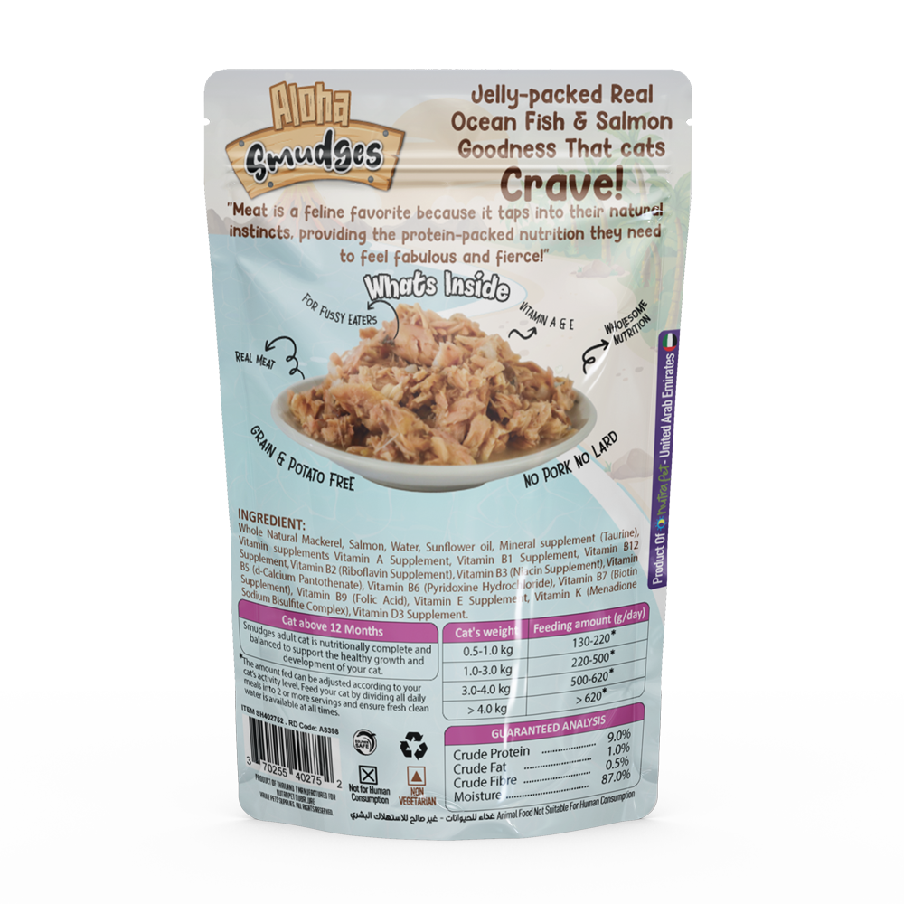 Aloha Smudges Ocean Fish & Salmon Adult Cat wet food in Jelly 85g Pouch Pack of 12