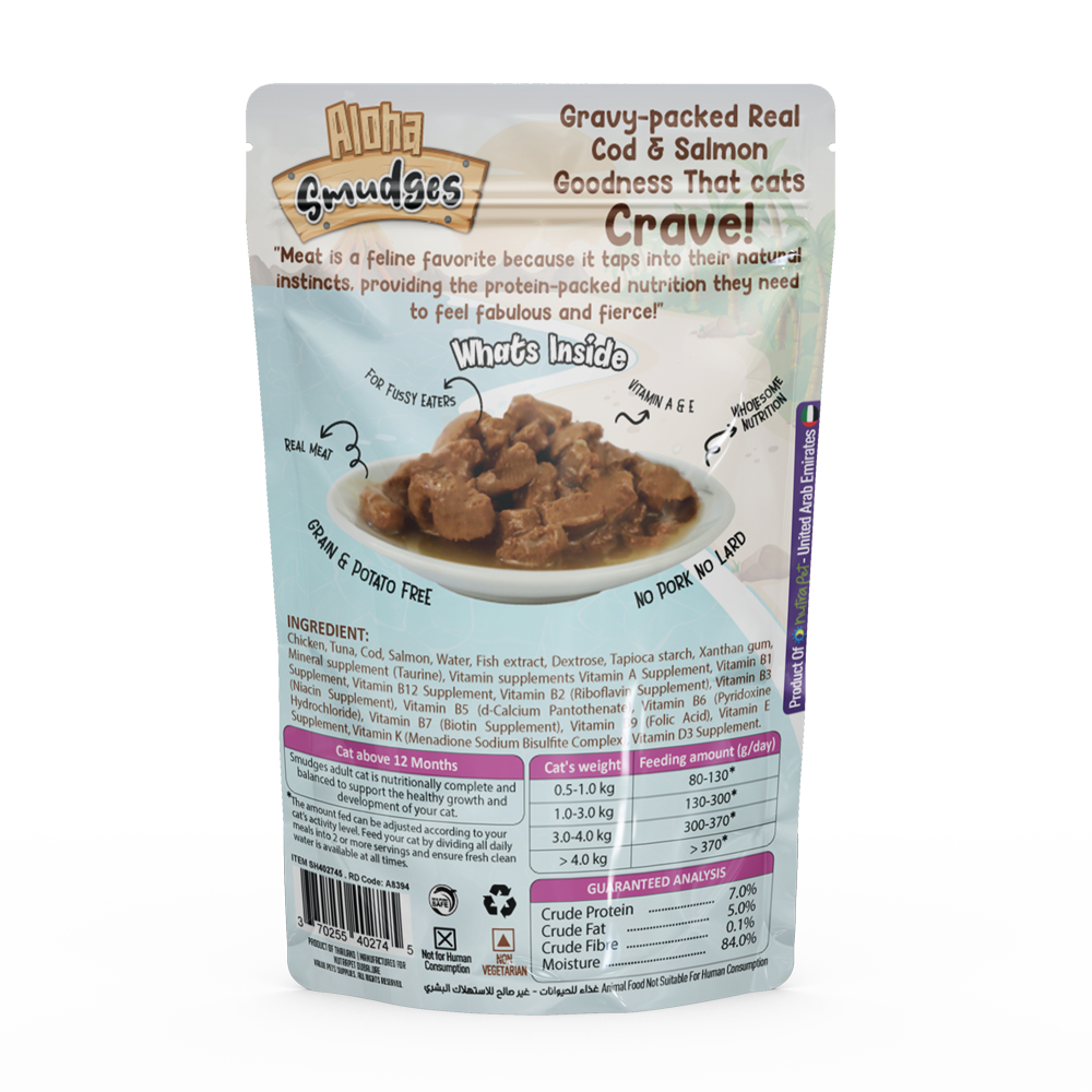 Aloha Smudges Cod & Salmon Adult Cat wet food in Gravy 85g Pouch Pack of 12