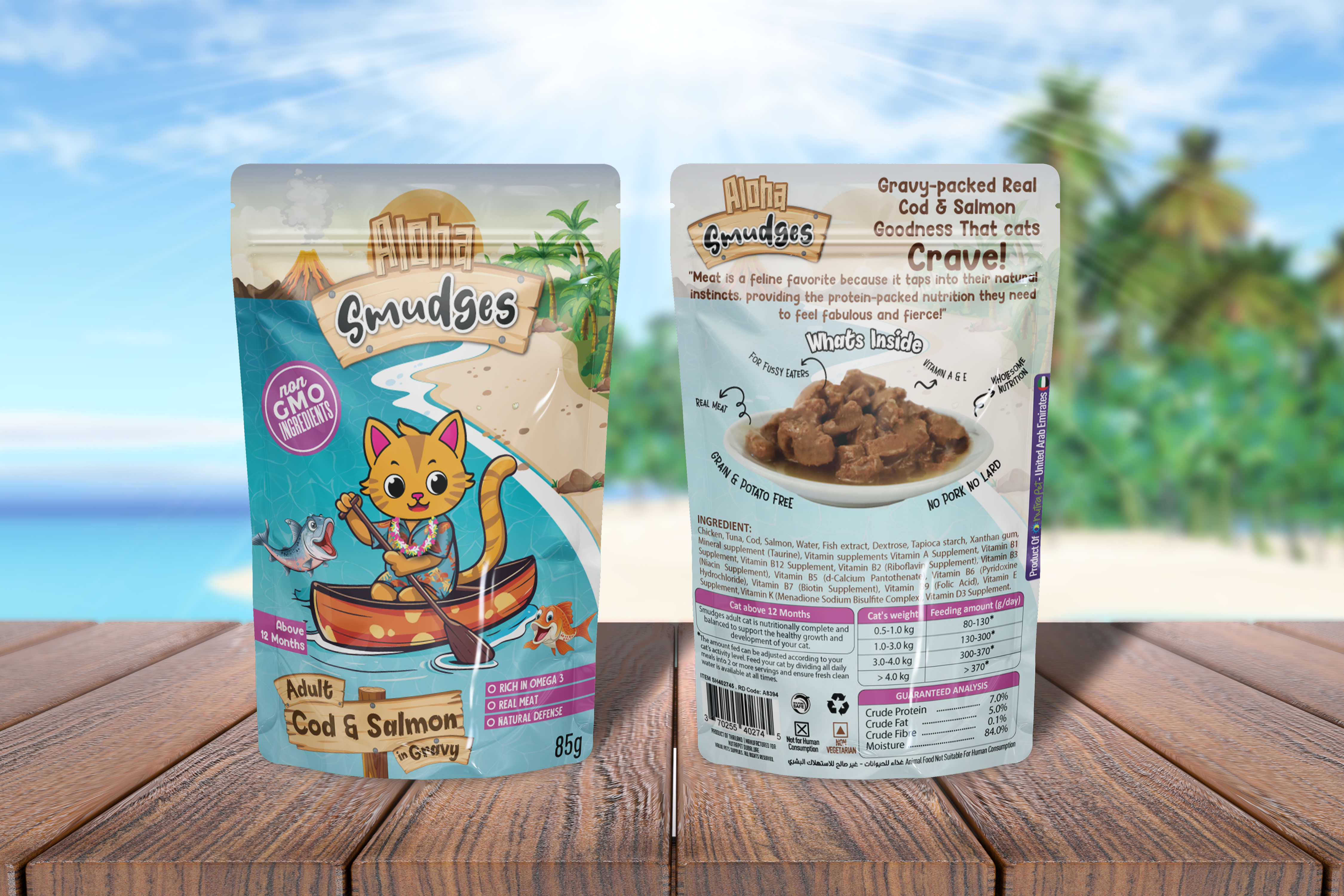 Aloha Smudges Cod & Salmon Adult Cat wet food in Gravy 85g Pouch Pack of 12