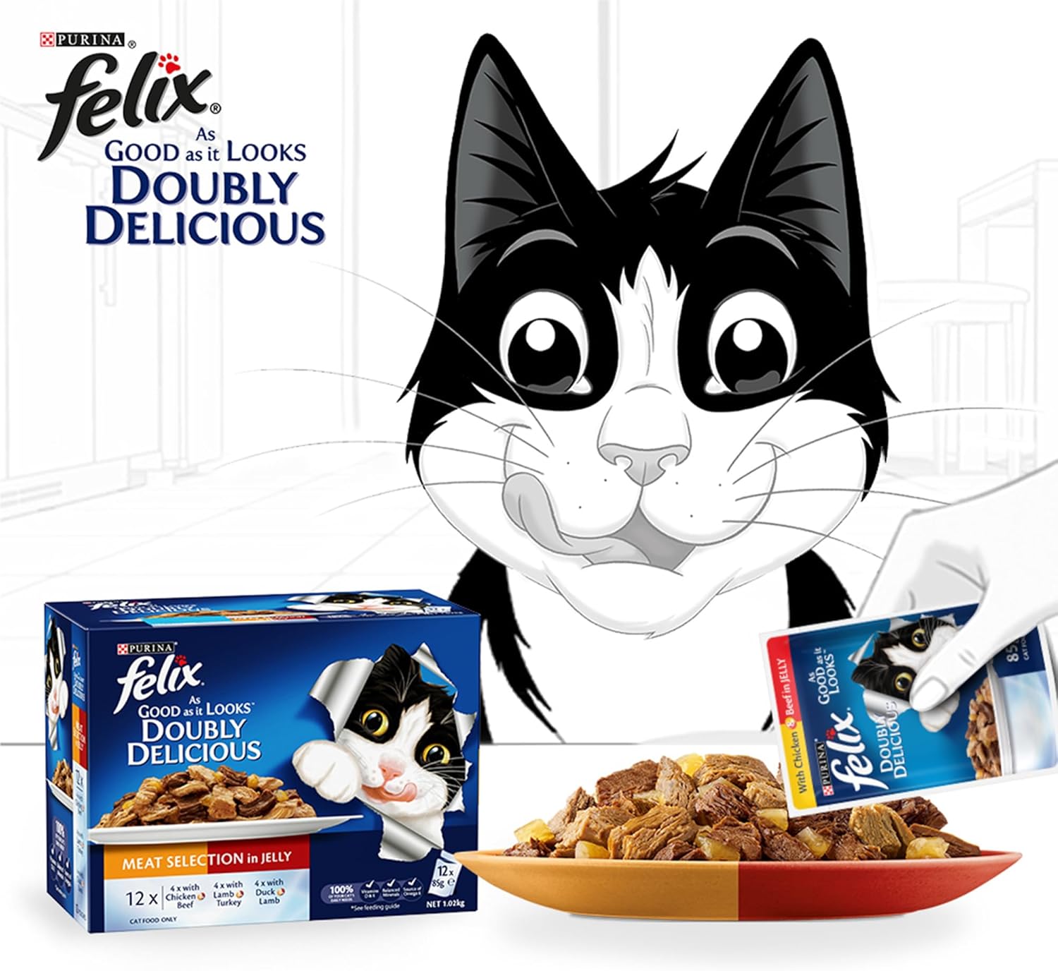 Purina Felix As Good As It Looks Doubly Delicious Cat Wet Food Meat Selection in Jelly 85g x 12