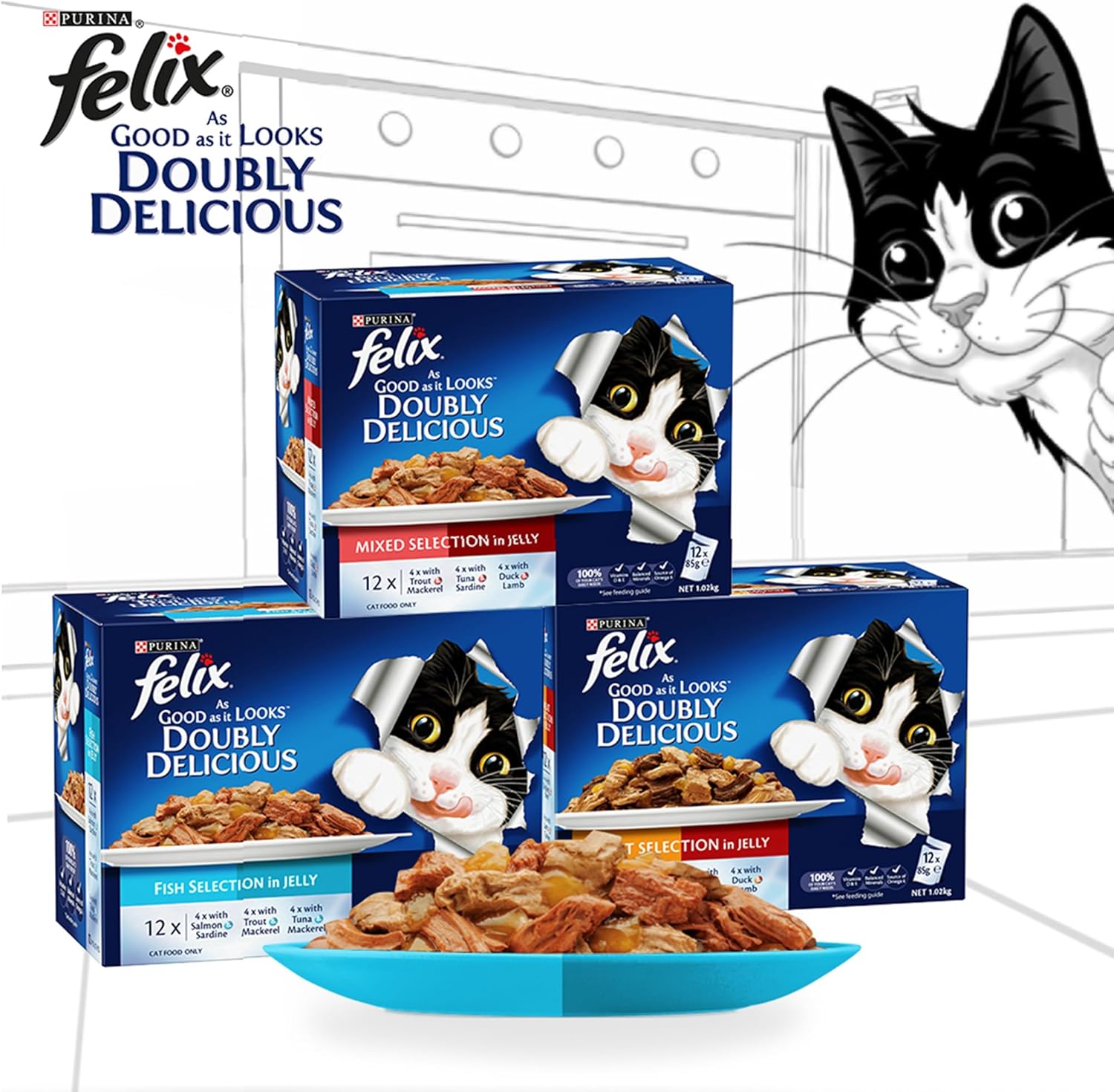 Purina Felix As Good As It Looks Doubly Delicious Cat Wet Food Meat Selection in Jelly 85g x 12