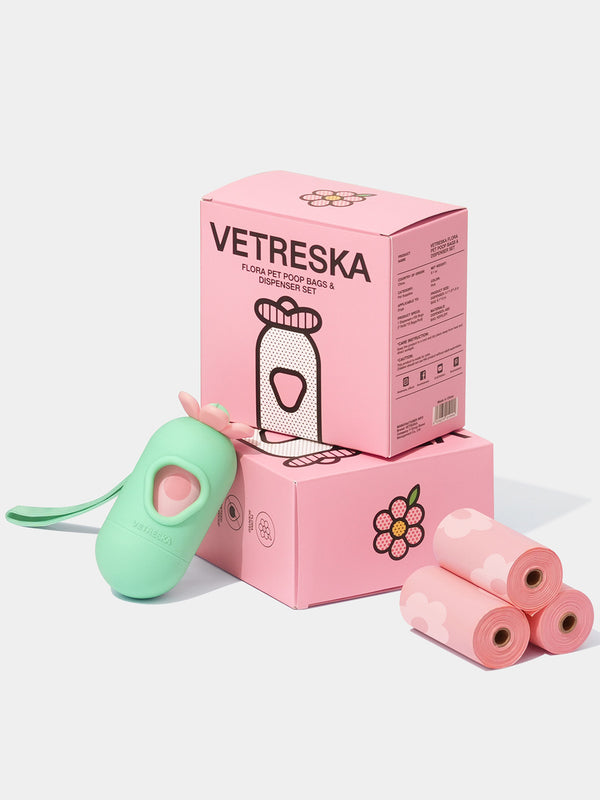 VETRESKA Flora Pet Poop Bags & Dispenser Set (1 Dispenser + 7 Rolls)