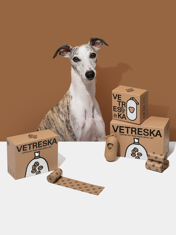 VETRESKA Coffee Pet Poop Bags & Dispenser Set (1 Dispenser + 7 Rolls)