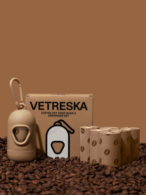 VETRESKA Coffee Pet Poop Bags & Dispenser Set (1 Dispenser + 7 Rolls)