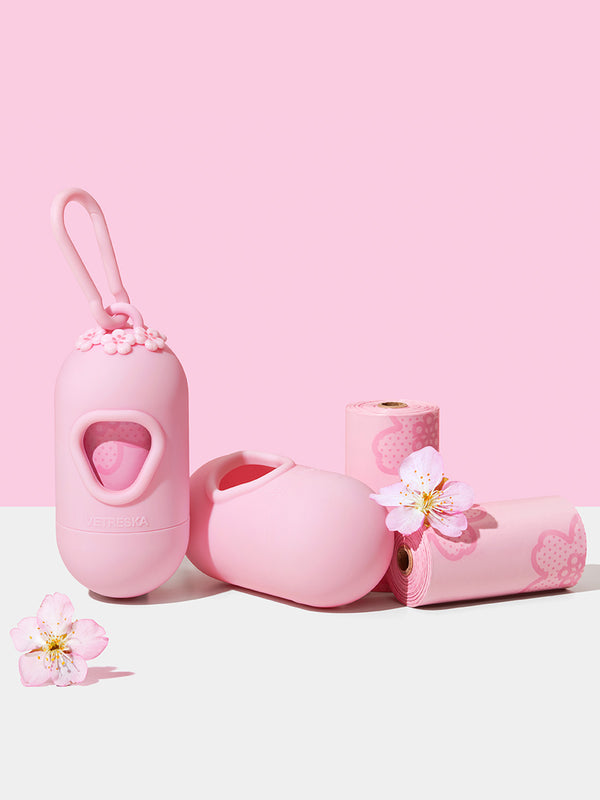 VETRESKA Cherry Blossom Pet Poop Bags & Dispenser (1 Dispenser + 1 Roll)