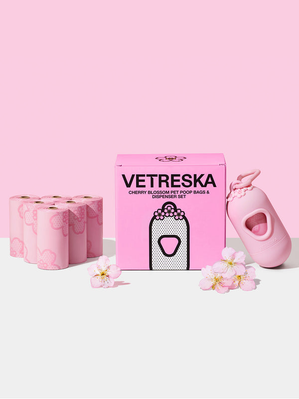 VETRESKA Cherry Blossom Pet Poop Bags & Dispenser Set (1 Dispenser + 7 Rolls)