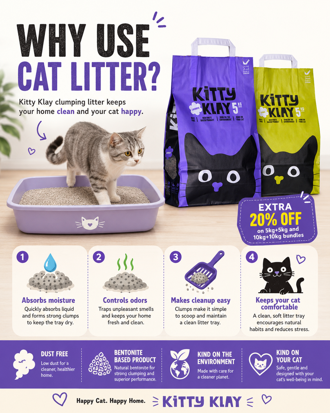 Kitty Klay Bentonite Clumping Cat Litter - Lavender 5Kg (10Kg Bundle Offer)