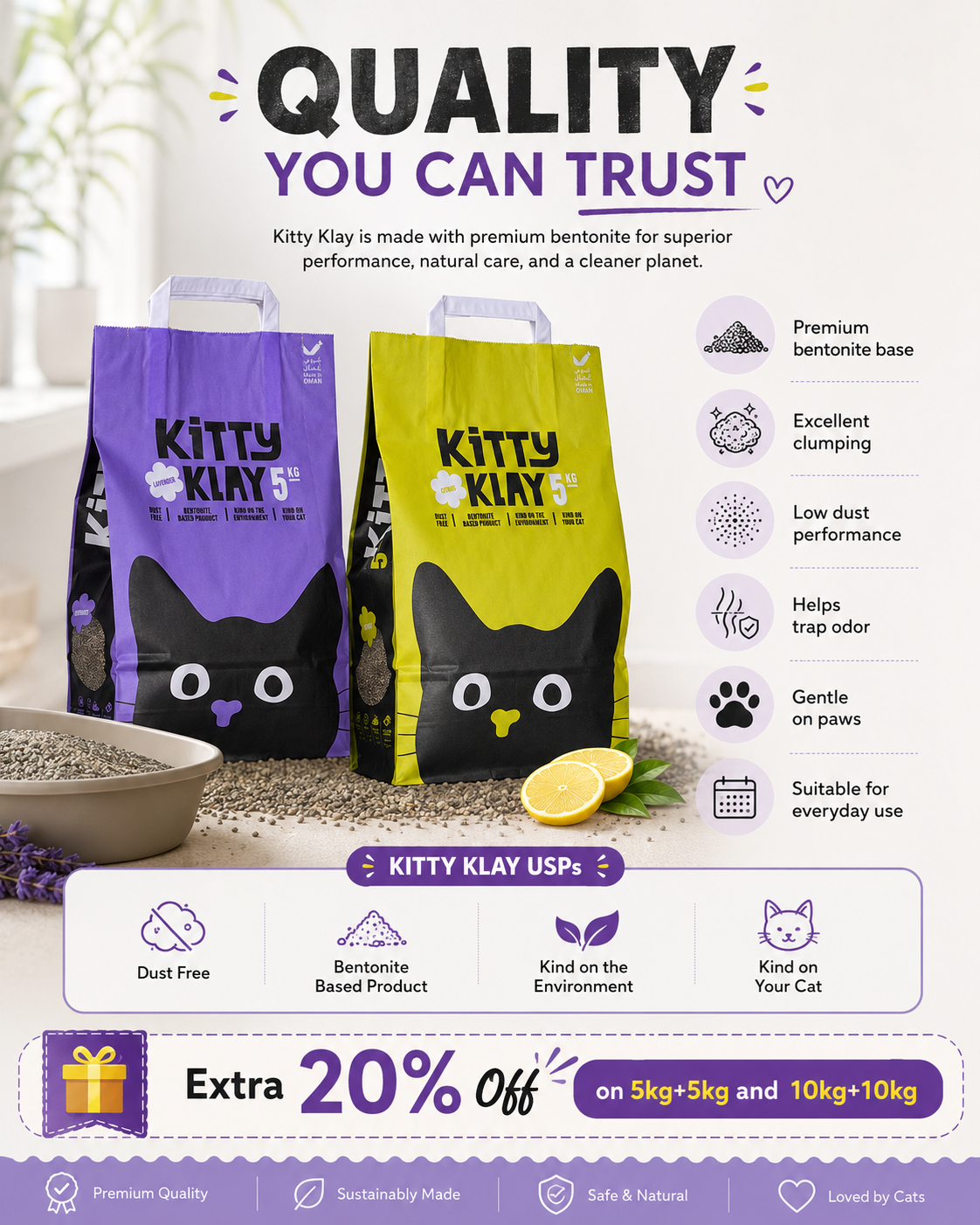 Kitty Klay Bentonite Clumping Cat Litter - Lavender 10Kg (20Kg Bundle Offer)