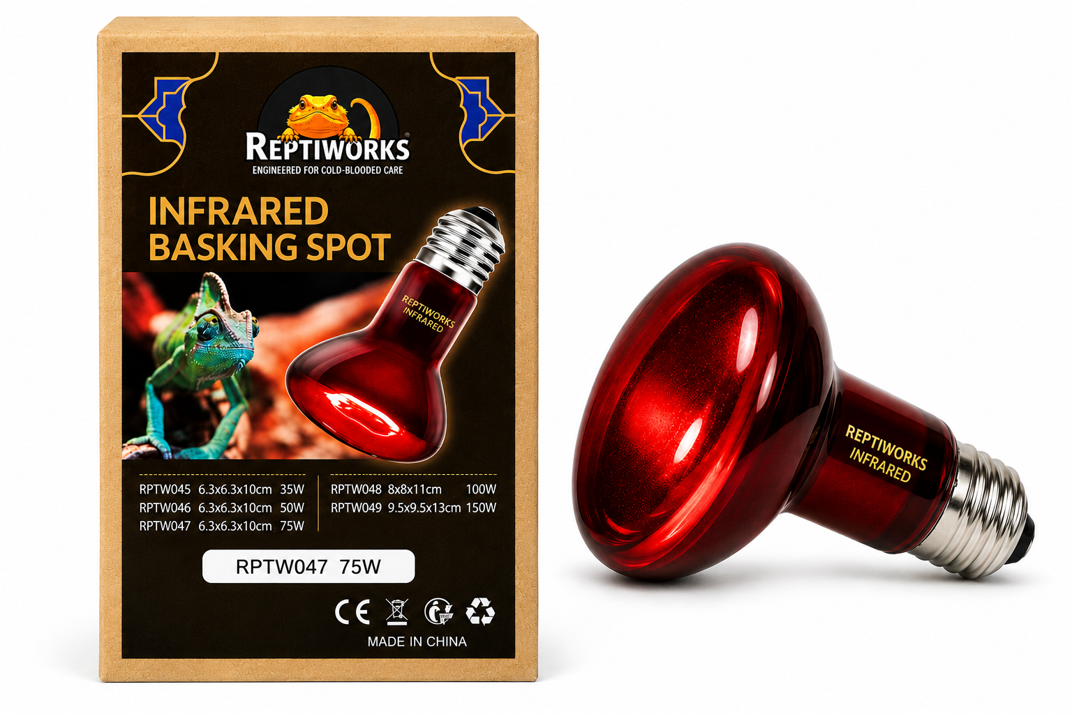 ReptiWorks Infrared Basking Spot 75W6.3X6.3X10Cm / 2.5"X2.5"X4"