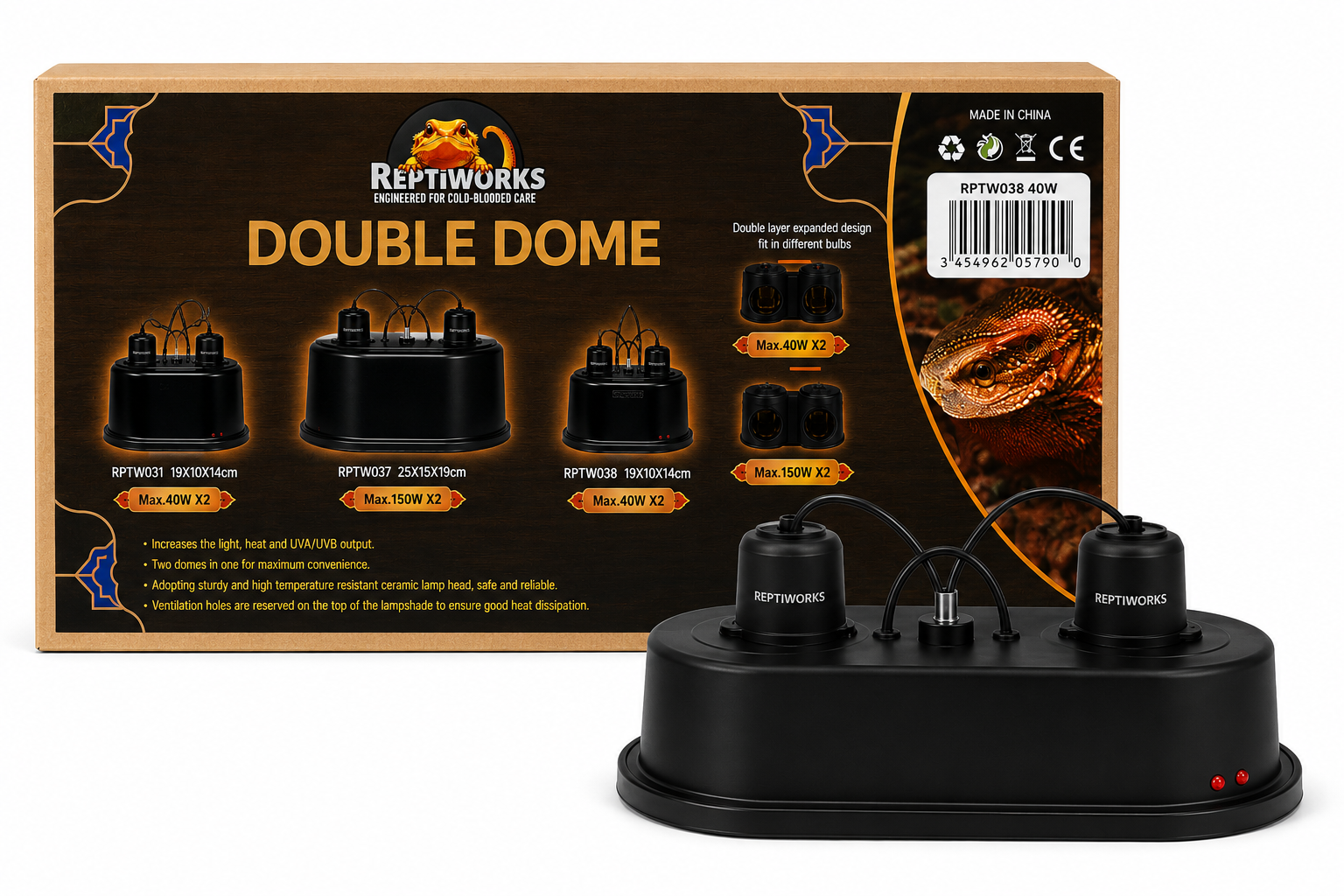 ReptiWorks Double Dome Max.40W×219X10X14Cm / 7.5"X3.9"X3.5"