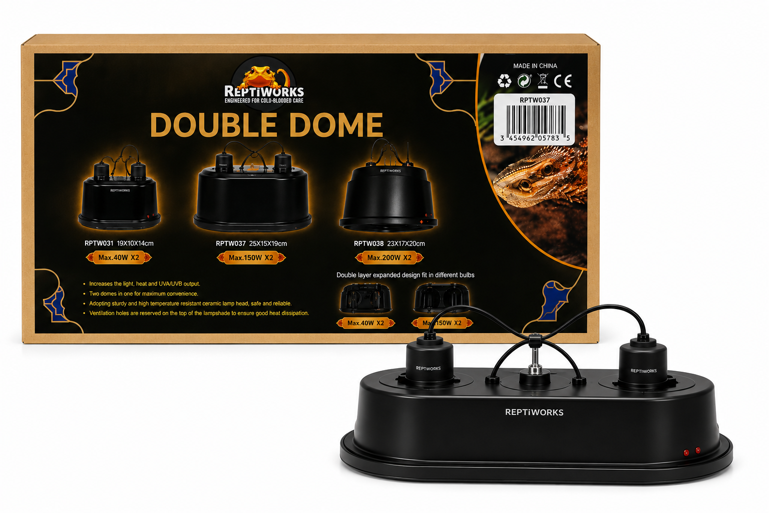ReptiWorks Double Dome Max.150W×228.5X14.5X19Cm / 11.2"X5.7"X7.4"