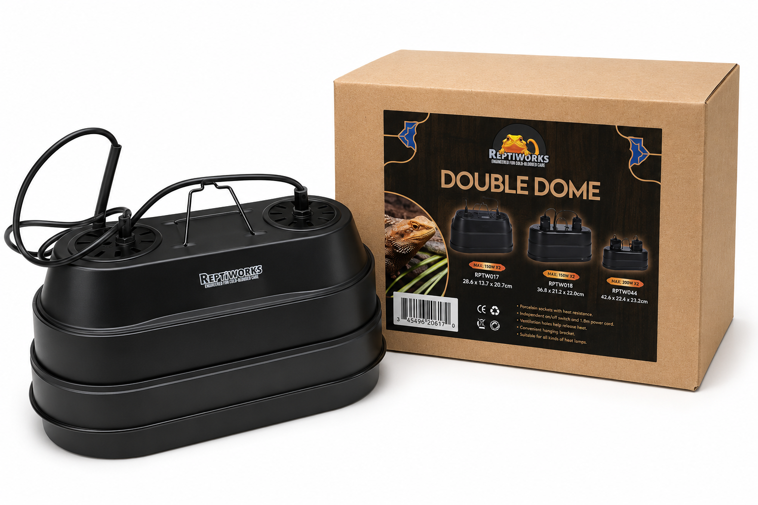 ReptiWorks 2 In 1 Double Dome Lamp Fixture Max.200W×233.2X17.2X20.4Cm / 13"X6.7"X8"