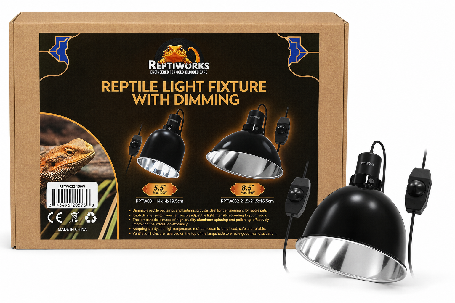 ReptiWorks Reptile Light Fixture With Dimming 8.5" Max.150W21.5X21.5X16.5Cm / 8.5"X8.5"X6.5"