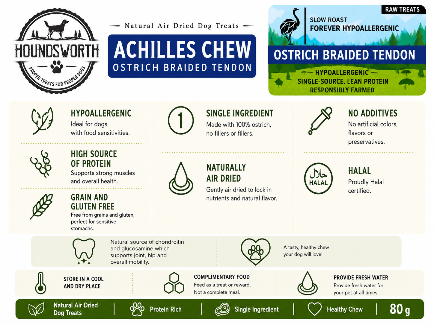 Houndsworth Hypoallergenic Ostrich Achilles Chew Tendon 80g