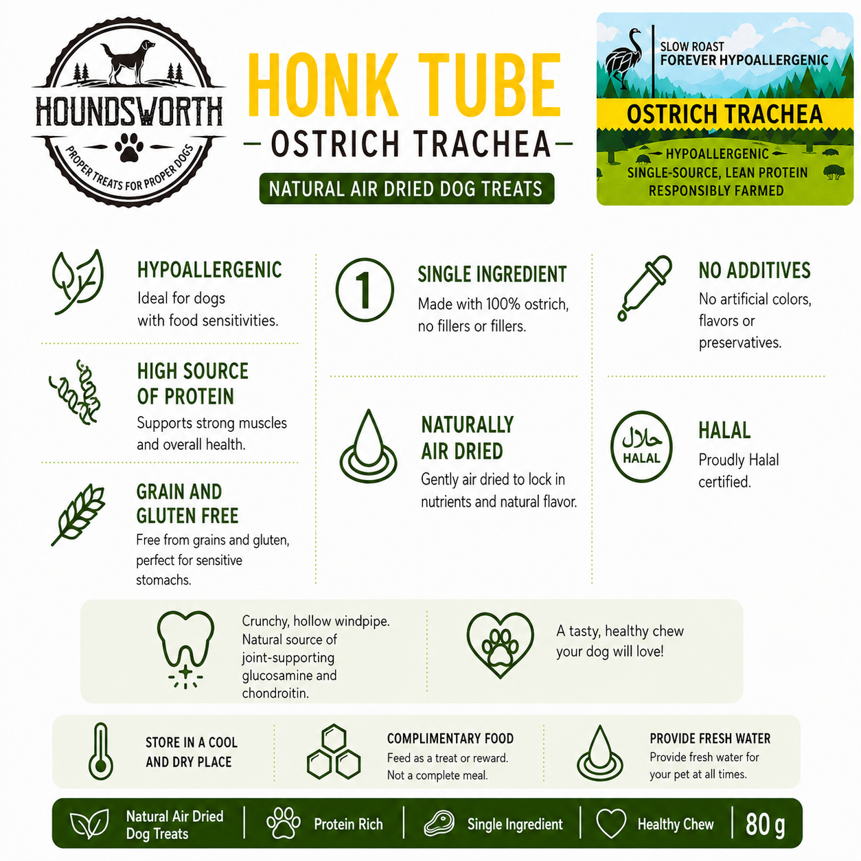 Houndsworth Hypoallergenic Ostrich Honk Tube Trachea 80g