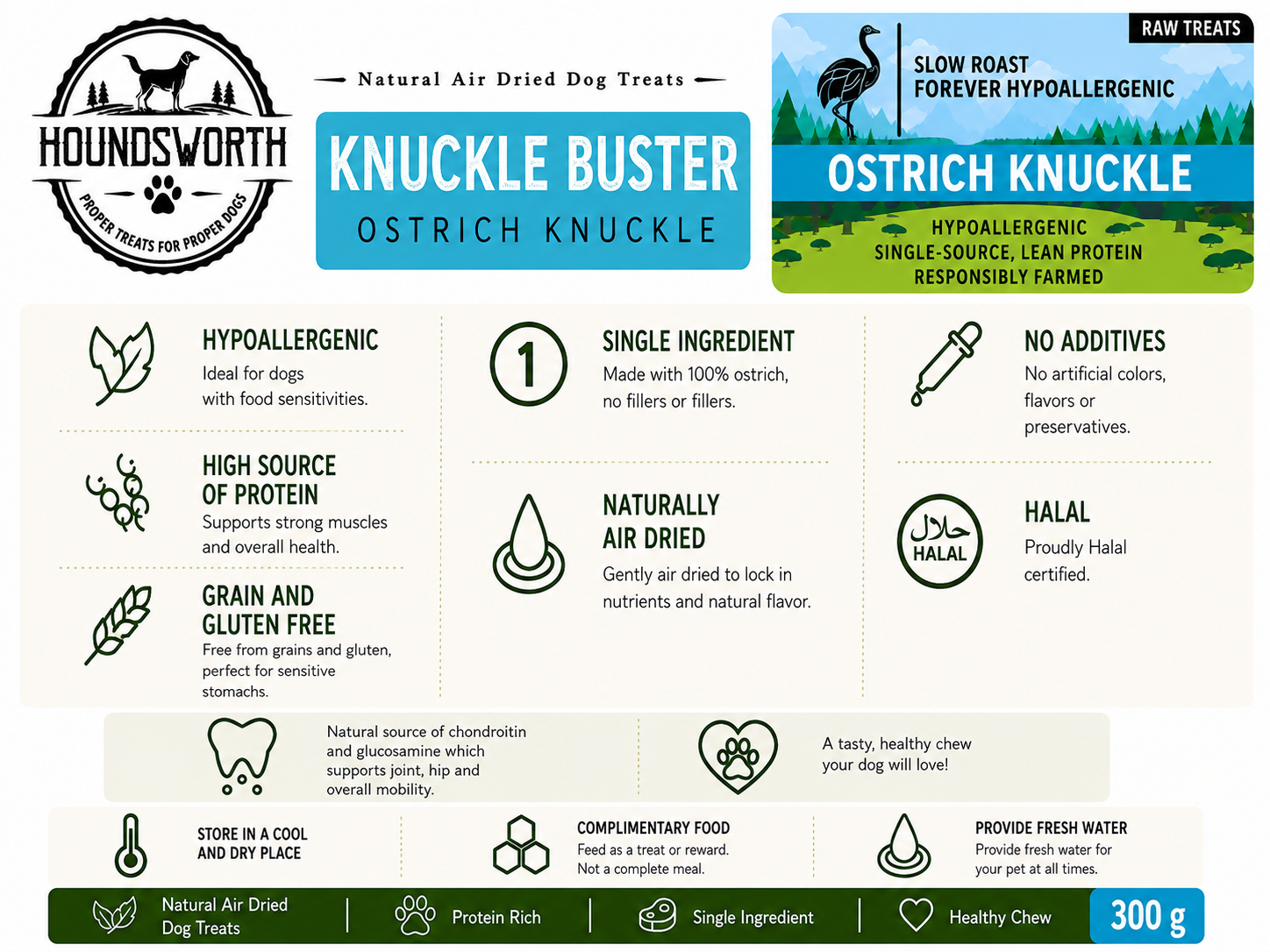 Houndsworth Hypoallergenic Ostrich Knuckle Buster 300g