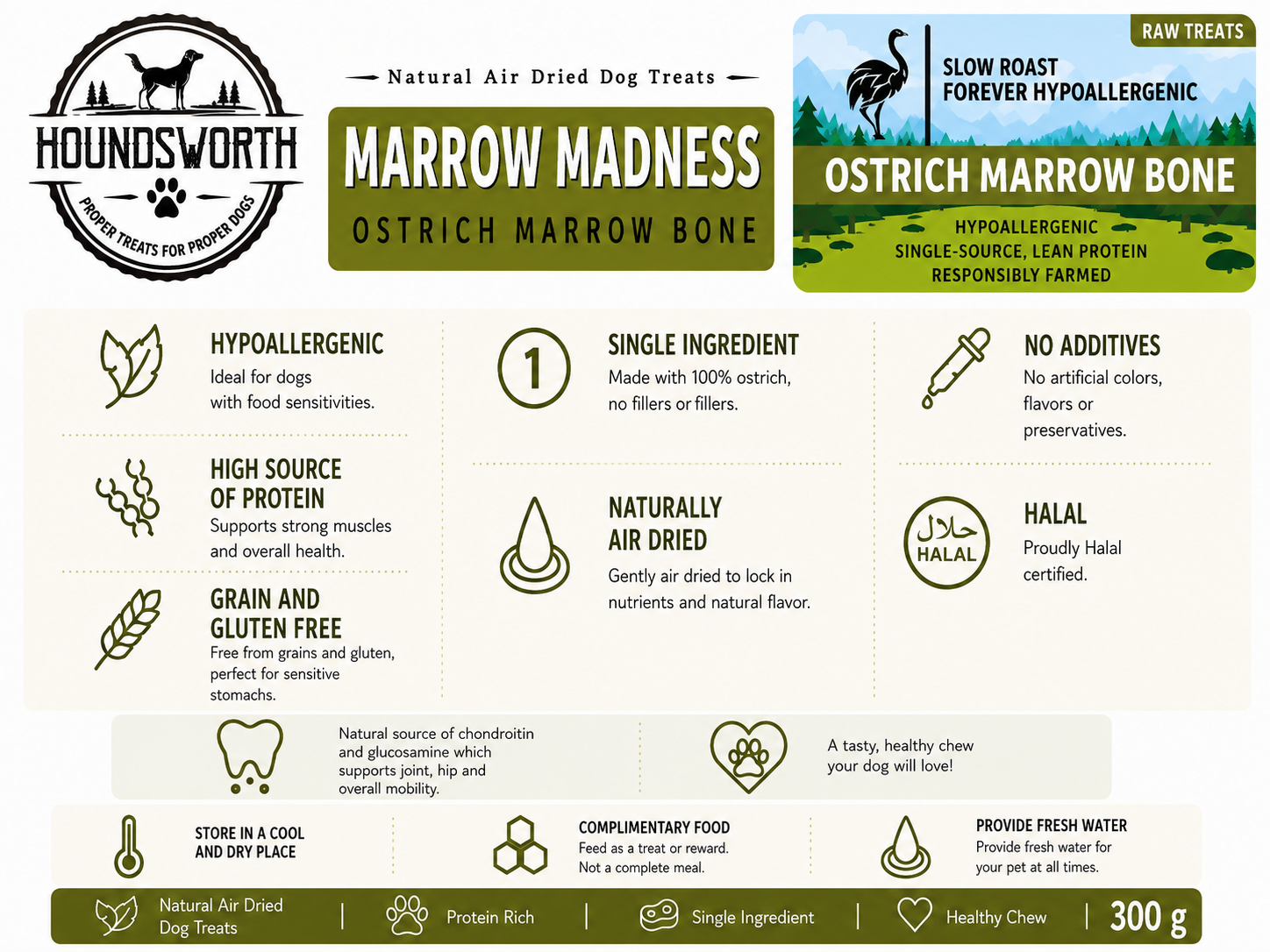 Houndsworth Hypoallergenic Ostrich Marrow Madness Bone 300g