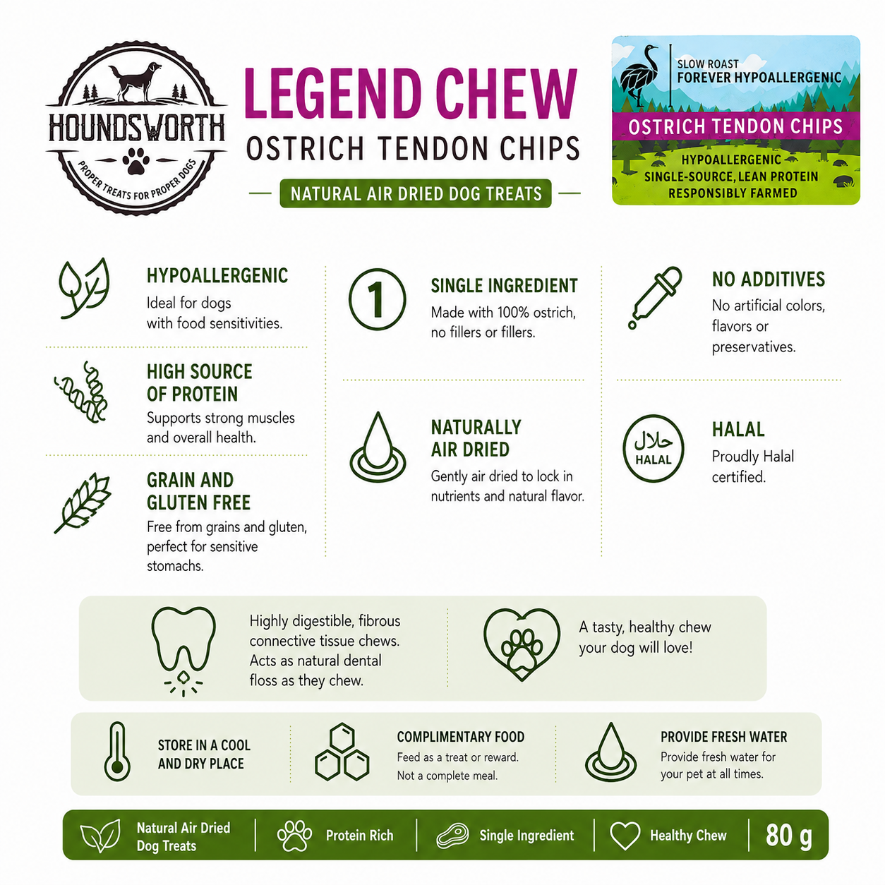Houndsworth Hypoallergenic Ostrich Legend Chew Tendon Chips 80g