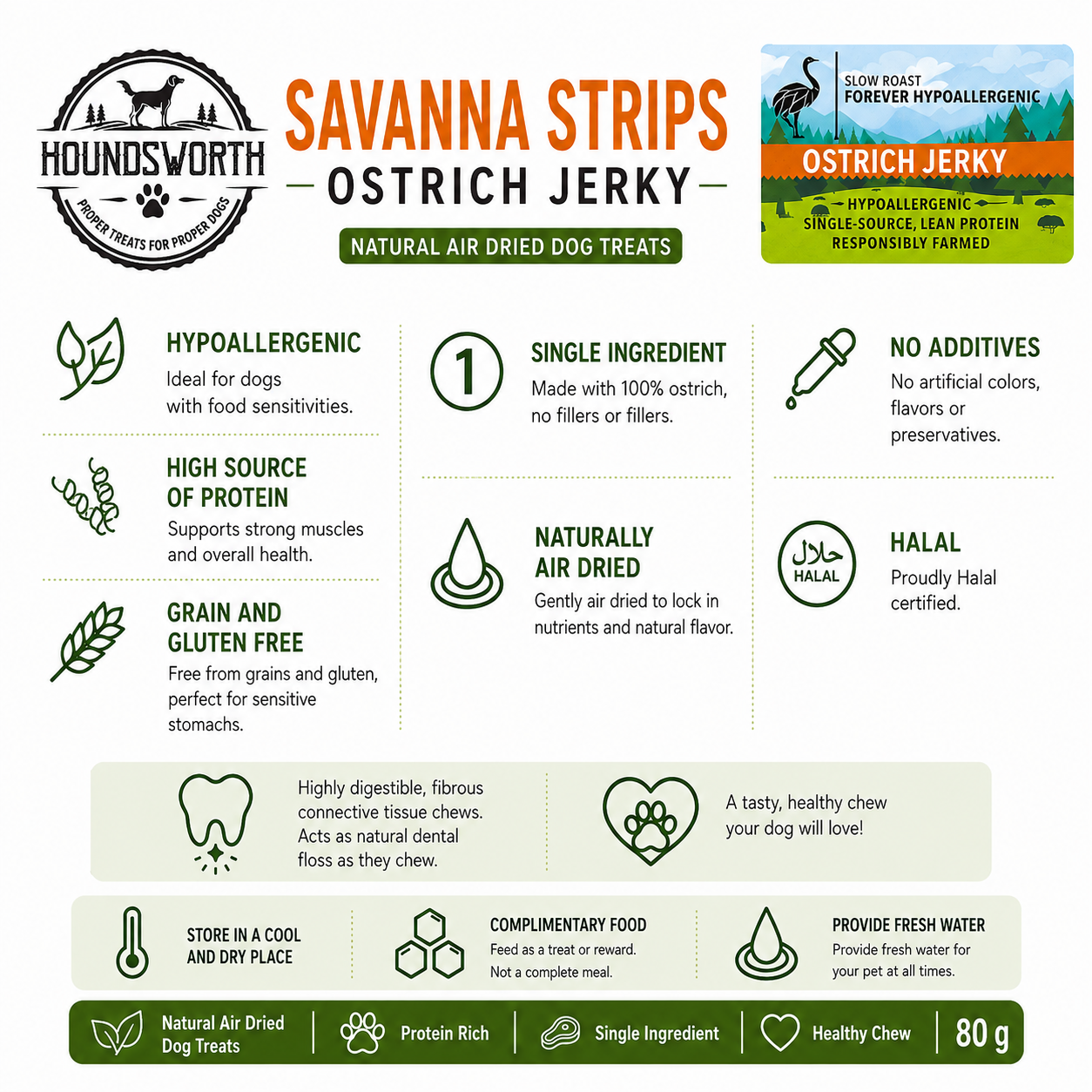 Houndsworth Hypoallergenic Ostrich Jerky Savanna Strips 80g