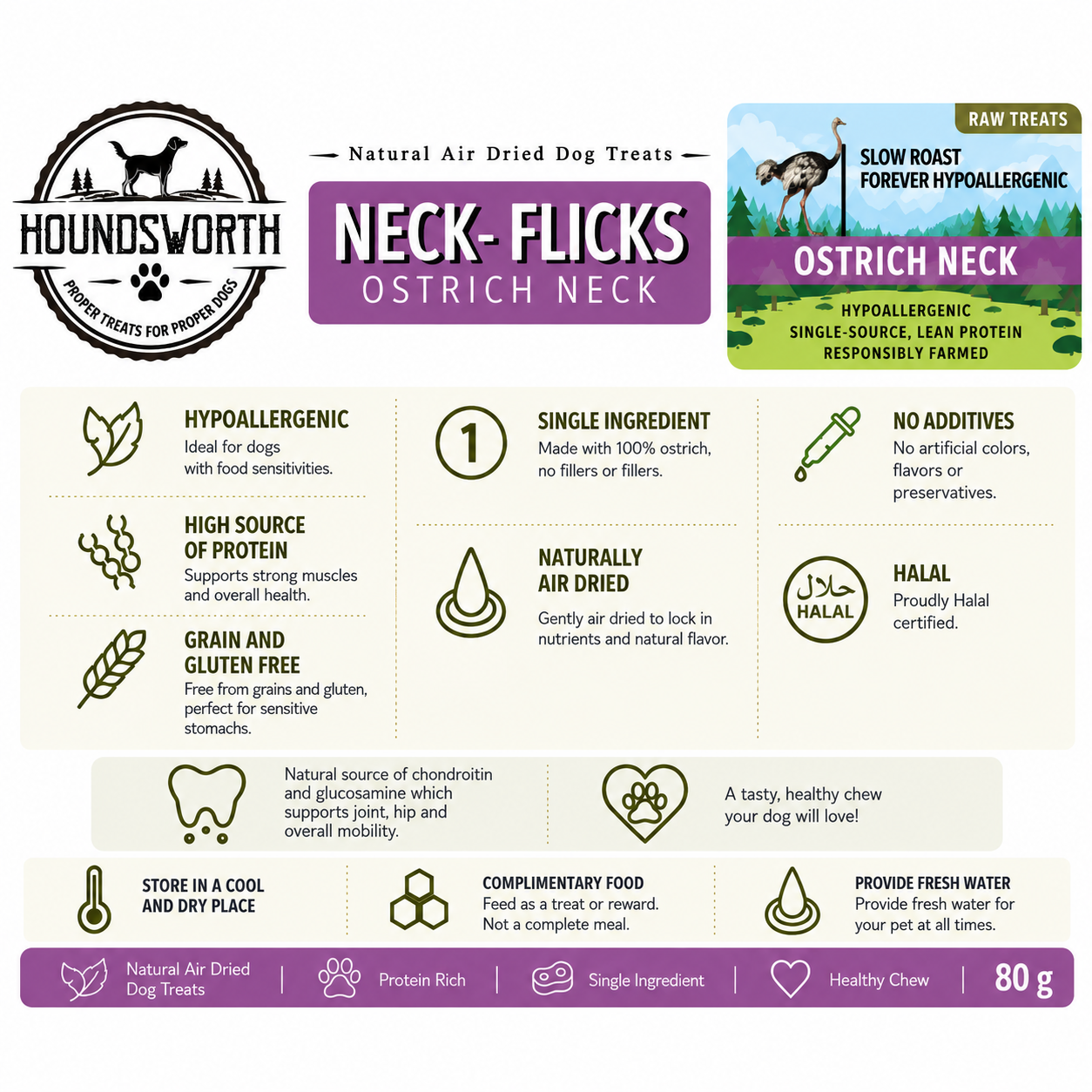 Houndsworth Hypoallergenic Ostrich Neck Flicks 80g