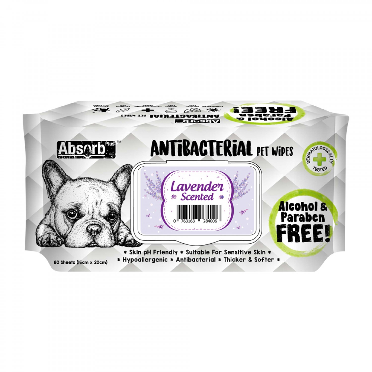 Absolute Pet Absorb Plus Antibacterial Pet Wipes Lavender 80 sheets