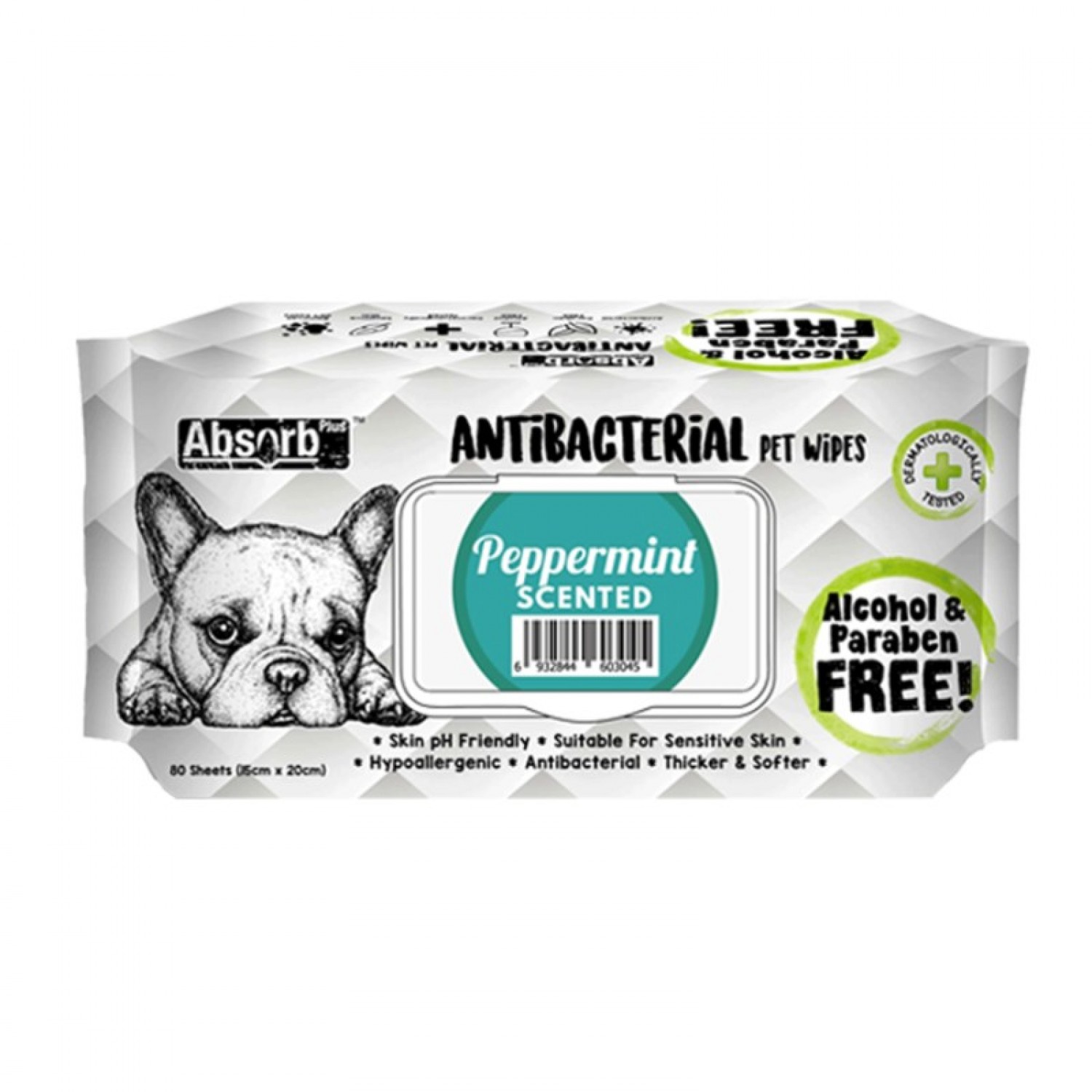 Absolute Pet Absorb Plus Antibacterial Pet Wipes Peppermint 80 sheets