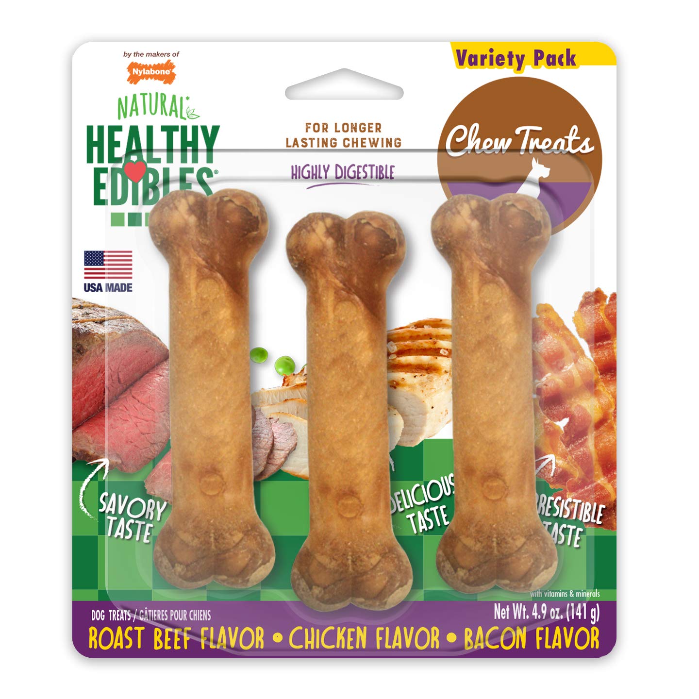 Nylabone Healthy Edibles Longer Lasting Roast Beef-Chicken-Bacon Variety Triple Pack Blister Card Regular