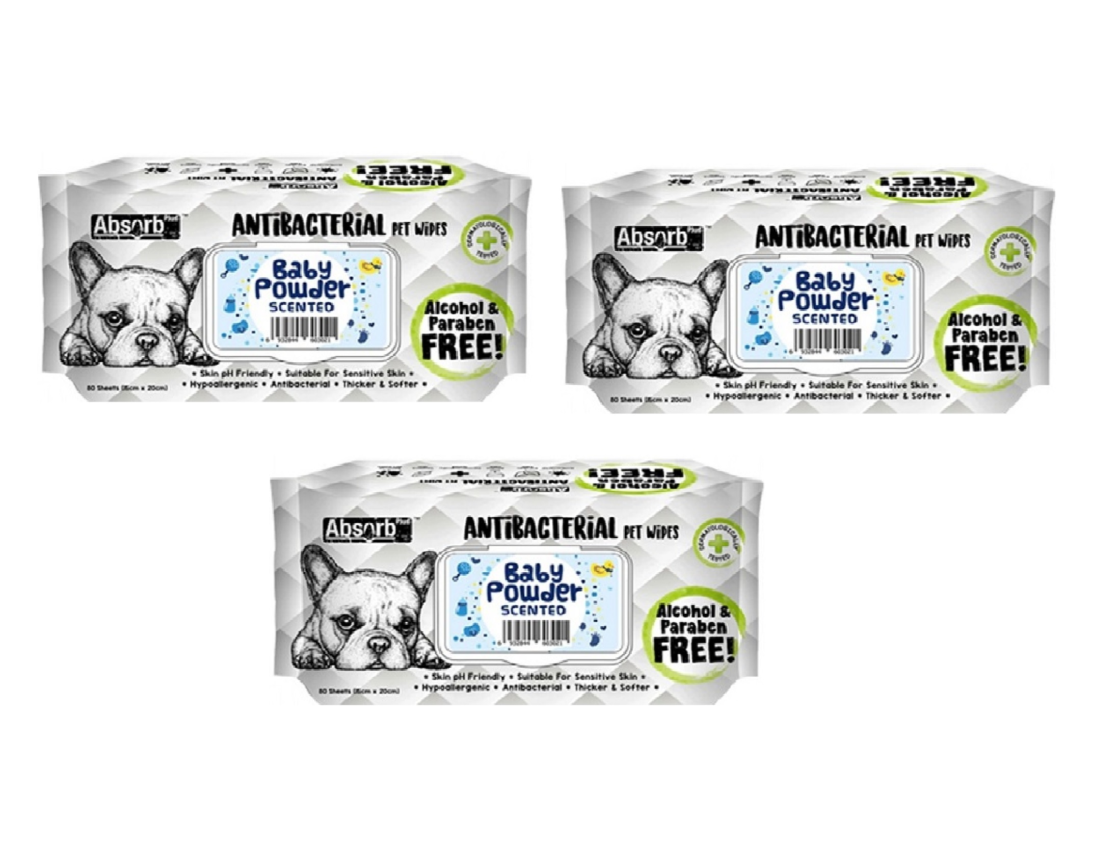Absolute Pet Absorb Plus Antibacterial Pet Wipes Baby Powder 80 sheets -(1Box 12pcs)