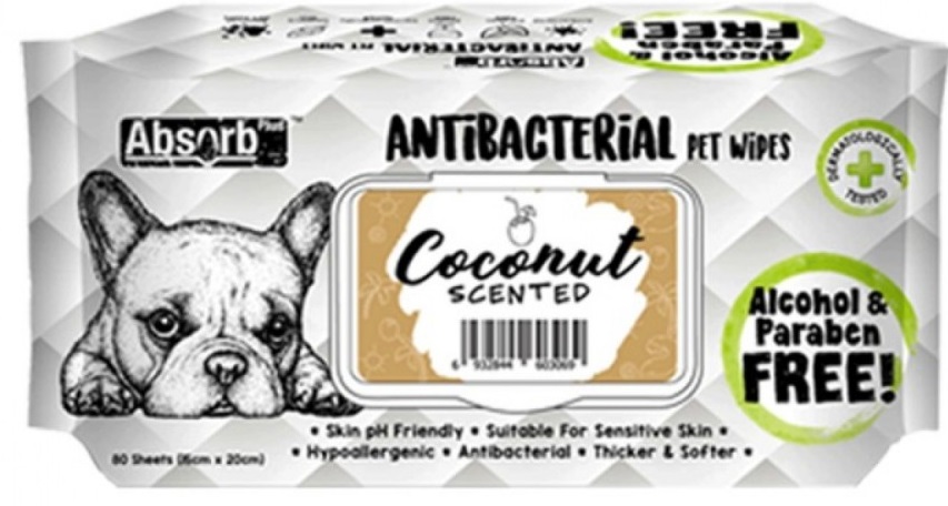 Absolute Pet Absorb Plus Antibacterial Pet Wipes Coconut 80 sheets -(1Box 12pcs)