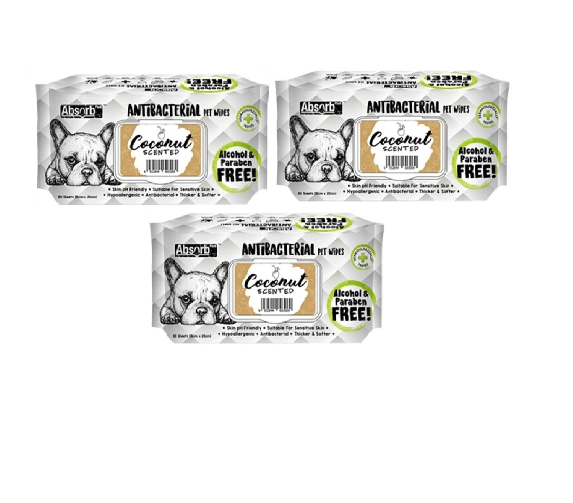 Absolute Pet Absorb Plus Antibacterial Pet Wipes Coconut 80 sheets -(1Box 12pcs)