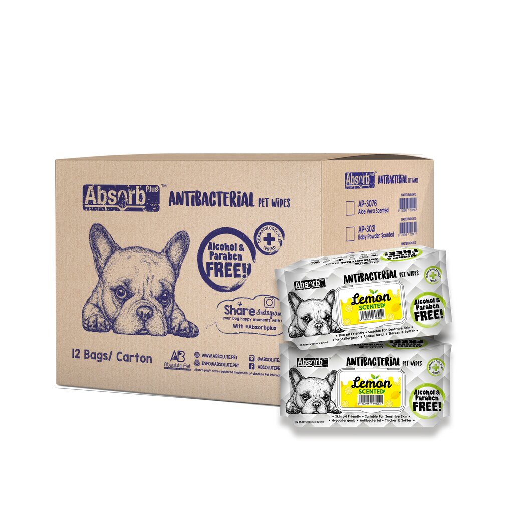Absolute Pet Absorb Plus Antibacterial Pet Wipes Lemon 80 sheets -(1Box 12pcs)