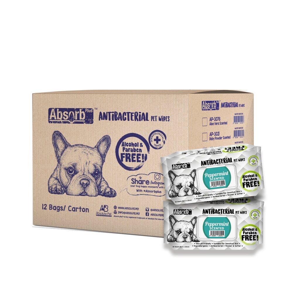 Absolute Pet Absorb Plus Antibacterial Pet Wipes Peppermint 80 sheets -(1Box 12pcs)