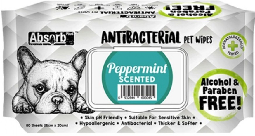 Absolute Pet Absorb Plus Antibacterial Pet Wipes Peppermint 80 sheets -(1Box 12pcs)