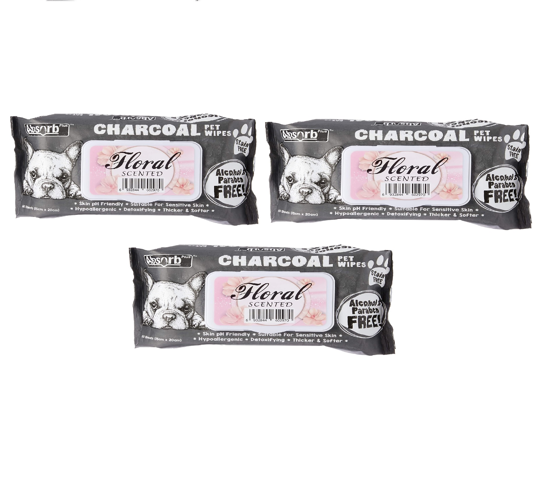 Absolute Pet Absorb Plus Charcoal Pet Wipes Floral 80 sheets -(1Box 12pcs)
