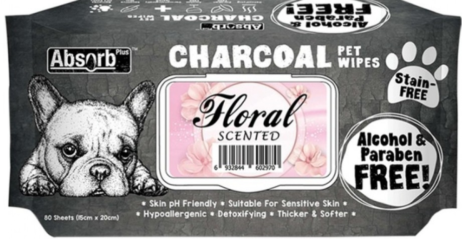 Absolute Pet Absorb Plus Charcoal Pet Wipes Floral 80 sheets -(1Box 12pcs)