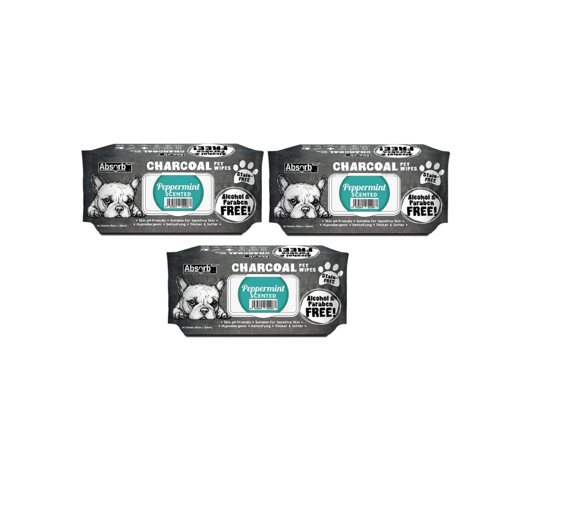 Absolute Pet Absorb Plus Charcoal Pet Wipes Peppermint 80 sheets -(1Box 12pcs)