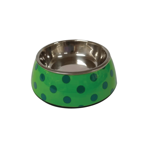 NutraPet Applique Melamine Round Bowl Green & Blue Polka S: 14*4.5 cms 160/5.4 ml/oz
