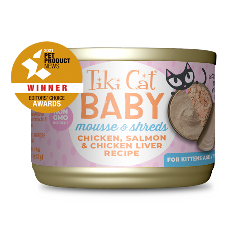 Tiki Cat Baby Chicken Salmon & Chicken Liver Recipe Shreds and Mousse 1.9 oz