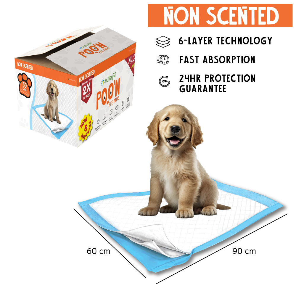 NutraPet Poo N Pee Pads XL Non-Scented - Fast Absorption With Floor Mat Stickers (60x90cms) - 50 Count