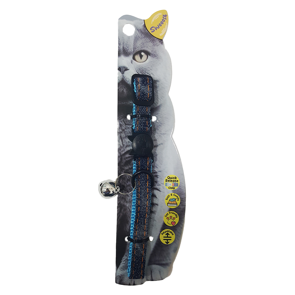 Swooosh Cats in Denim nylon safe collar C-10mm 18/28cm blue